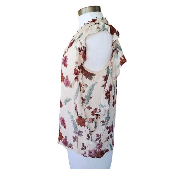 PAIGE Genie Floral Silk Chiffon Ruffle top Size Medium Nude Cream Multi V-neck - Picture 6 of 10